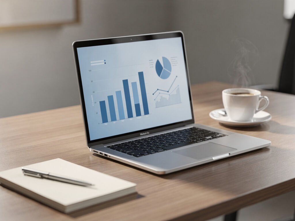 Laptop showing business charts (illustrative)